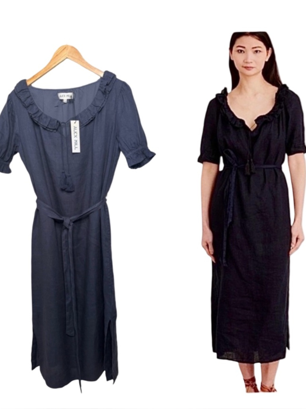 NWT ALEX MILL 100% Linen “Regan” Midi Dress Ruffle Neck Navy W/Tie Belt Medium